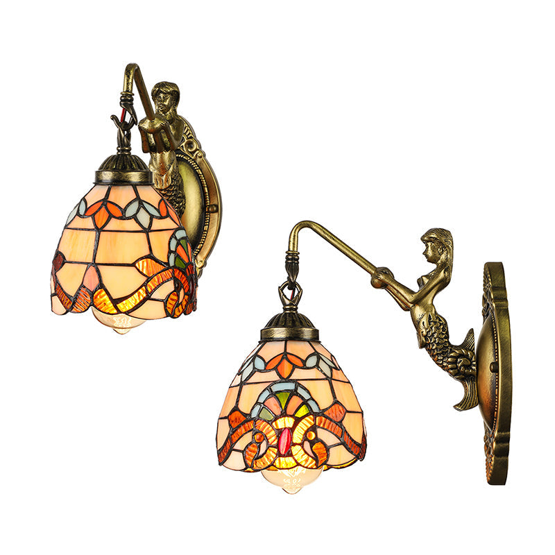 BowLift | Vintage Dome Wall Light 5.5" Width 1 Light Stained Glass Wall Fixture with Mermaid Design