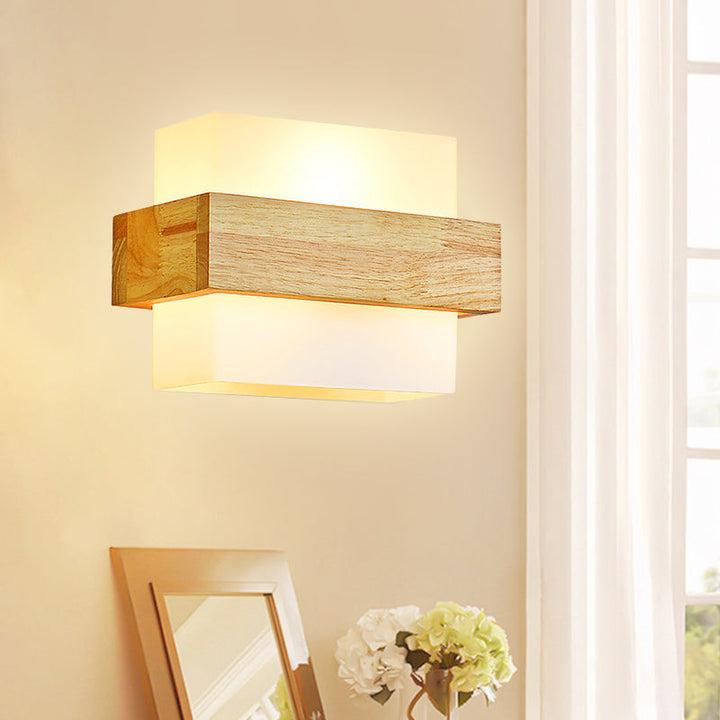 BowLift | Cube Wall Mount Light Fixture Minimalism Opal Glass 1 Main Color Beige Surface Wall Lamp with Wooden Detail