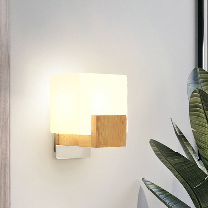 BowLift | Cube Wall Mount Light Fixture Minimalism Opal Glass 1 Main Color Beige Surface Wall Lamp with Wooden Detail