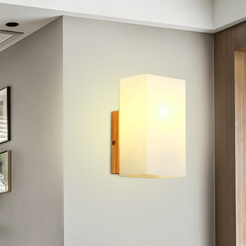 BowLift | Cube Wall Mount Light Fixture Minimalism Opal Glass 1 Main Color Beige Surface Wall Lamp with Wooden Detail