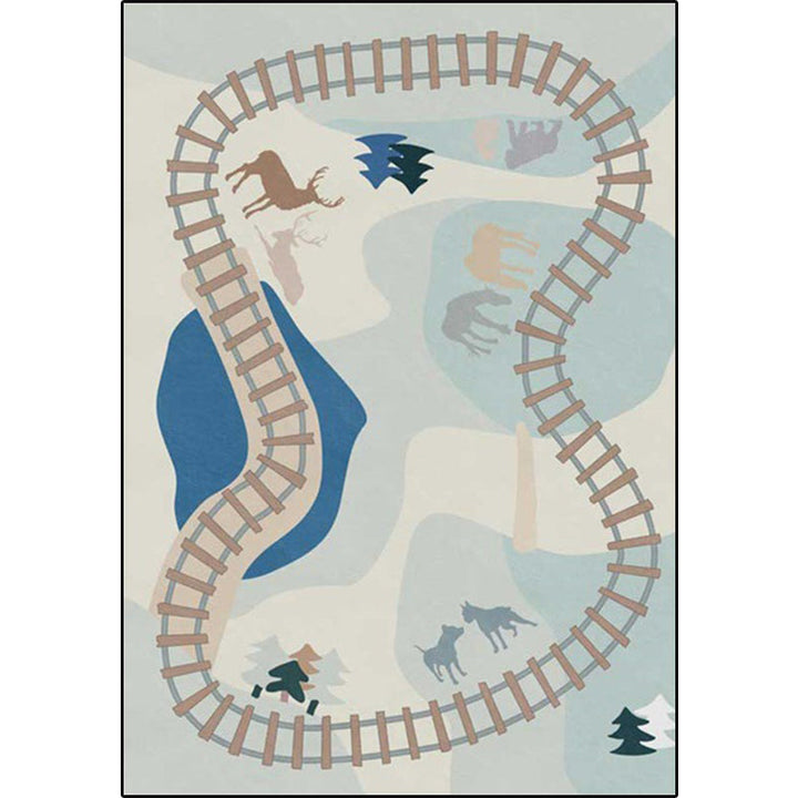 BowLift | Blue Rail Pattern Carpet with Animals Polyester Kids Carpet Pet Friendly Washable Non-Slip Carpet for the Bedroom