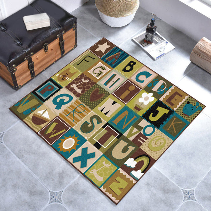 BowLift | Kids Plaid Pattern Rug with Letters Brown Polyester Rug Non-Slip Pet-Friendly Washable Rug for Kids' Room