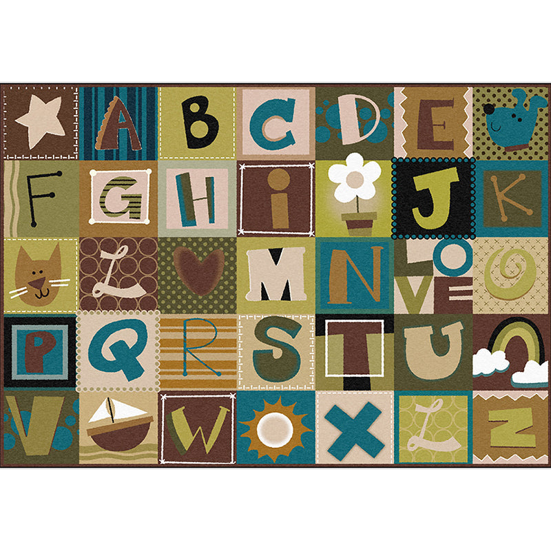 BowLift | Kids Plaid Pattern Rug with Letters Brown Polyester Rug Non-Slip Pet-Friendly Washable Rug for Kids' Room