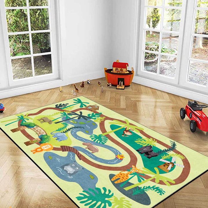 BowLift | Children's Zoo Pattern Carpet with Animal Brown Polyester Carpet Non-slip Pet Friendly Washable Area Rug for Kids' Room