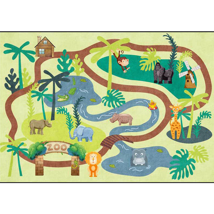 BowLift | Children's Zoo Pattern Carpet with Animal Brown Polyester Carpet Non-slip Pet Friendly Washable Area Rug for Kids' Room