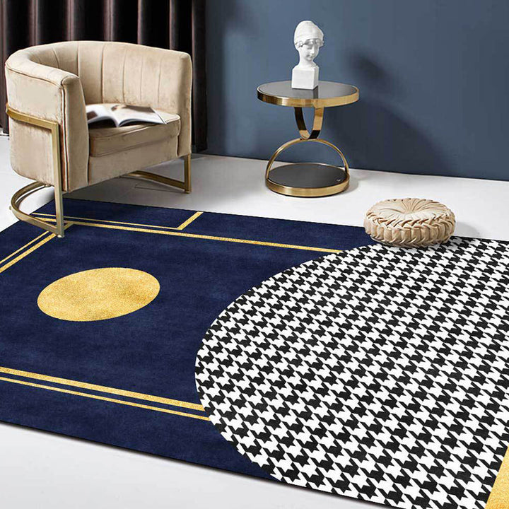 Blue geometric patterned rug with houndstooth polyester minimalist rug pet-friendly washable non-slip rug for the living room | Bowlift