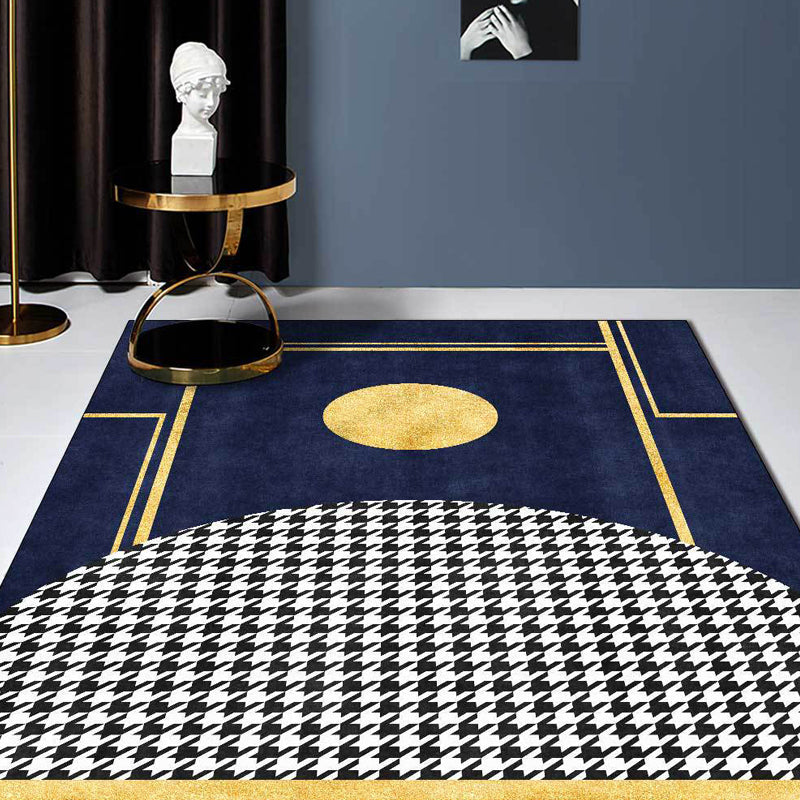 Blue geometric patterned rug with houndstooth polyester minimalist rug pet-friendly washable non-slip rug for the living room | Bowlift