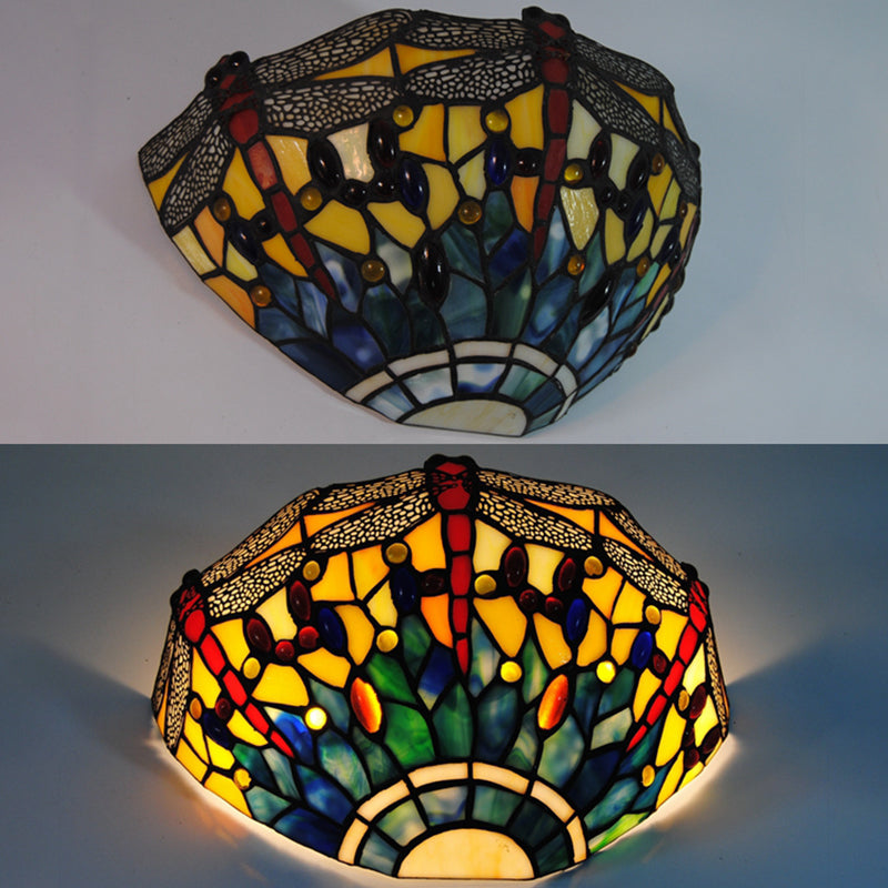 BowLift | Dragonfly Wall Light Rustic Lodge Stained Glass 1 Light Wall Mount Lighting in Yellow and Green
