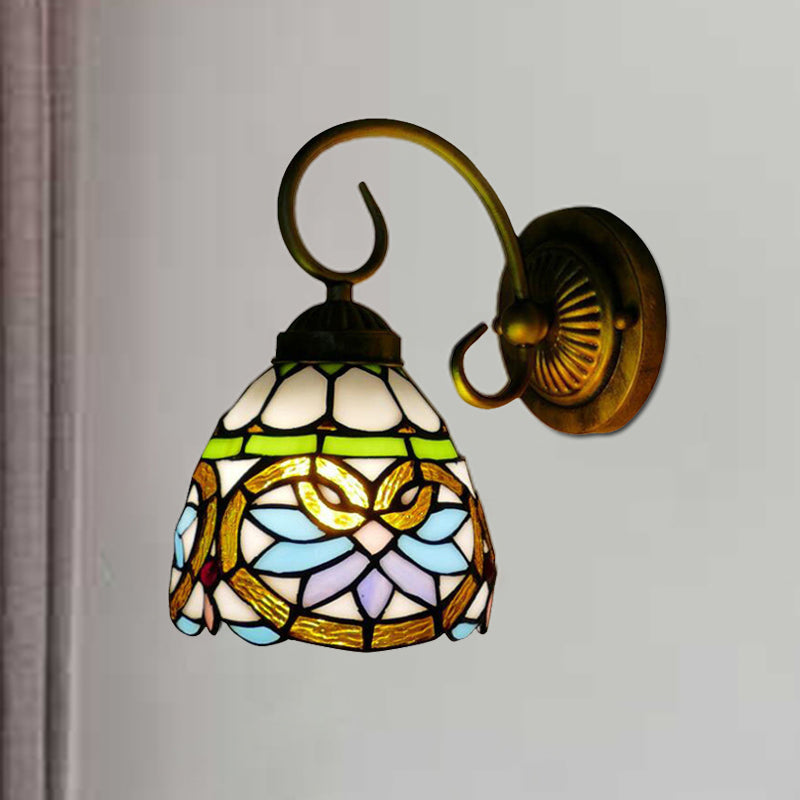 BowLift | Dome Wall Light Victorian 1 Head Stained Glass Wall Sconces Lighting in Antique Brass for Bedroom