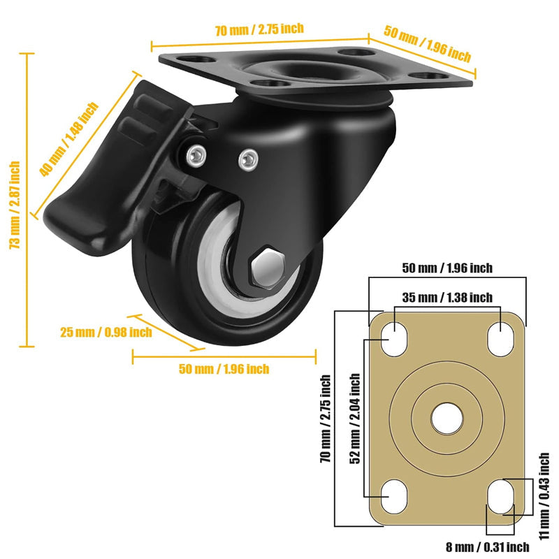 BowLift | 2" Caster Wheels Set of 4 Heavy Duty Plate Casters Polyurethane Silent Locking Casters