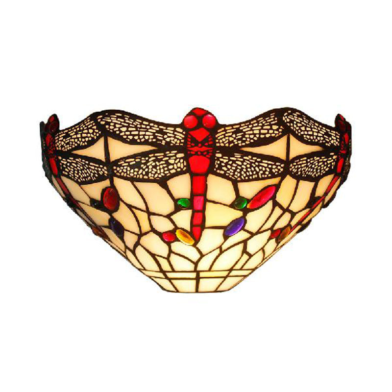 BowLift | Art Deco Dragonfly Wall Lamp with Bowl Shade 1 Light Rustic Colored Glass Wall Lamp in White