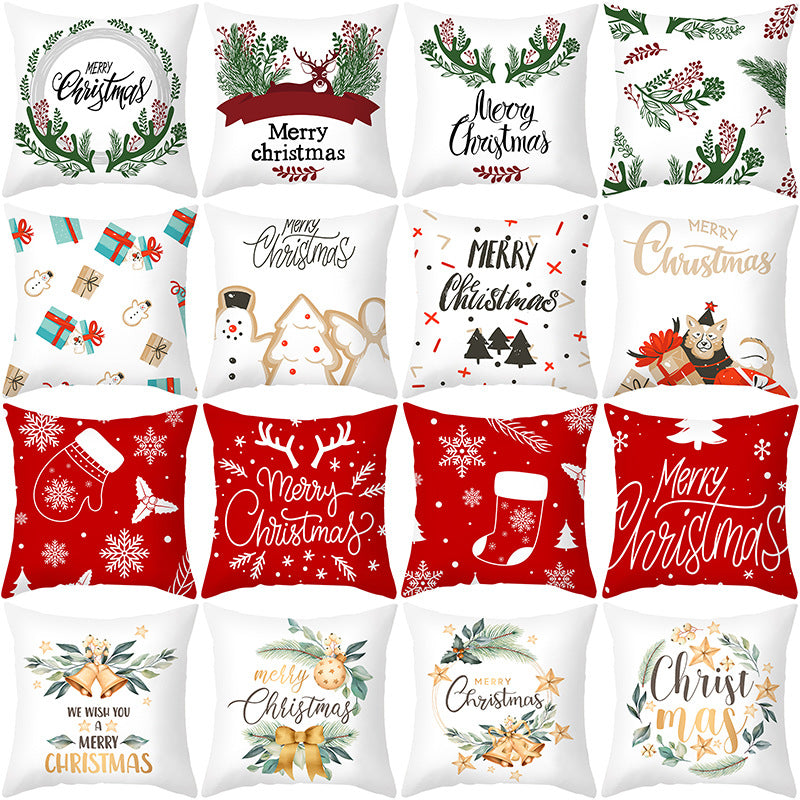 Festive Holiday Linen Throw Pillow Cover with Merry Christmas Script