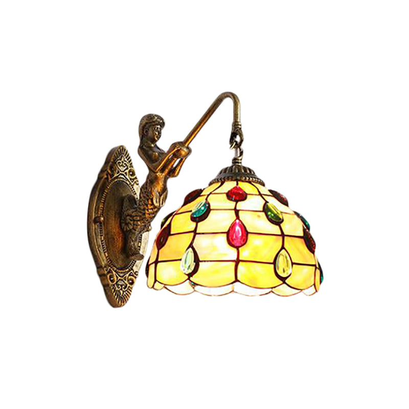 BowLift | Beaded Wall Light Tiffany Beige Glass 1 Head Brass Wall Mount Light with Mermaid Backplate