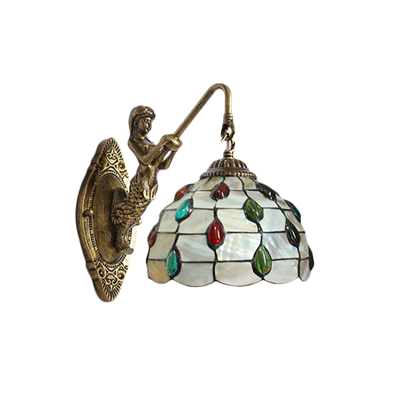 BowLift | Beaded Wall Light Tiffany Beige Glass 1 Head Brass Wall Mount Light with Mermaid Backplate