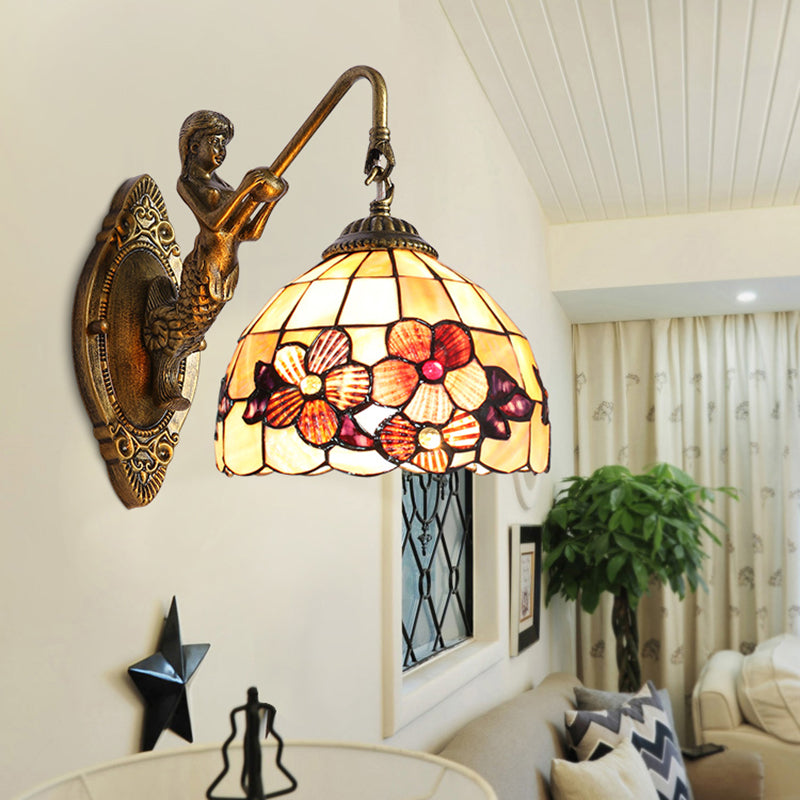 BowLift | Victorian Dome Wall Lamp Light Beige Glass 1 Head Bedside Wall Mount Light with Flower Pattern