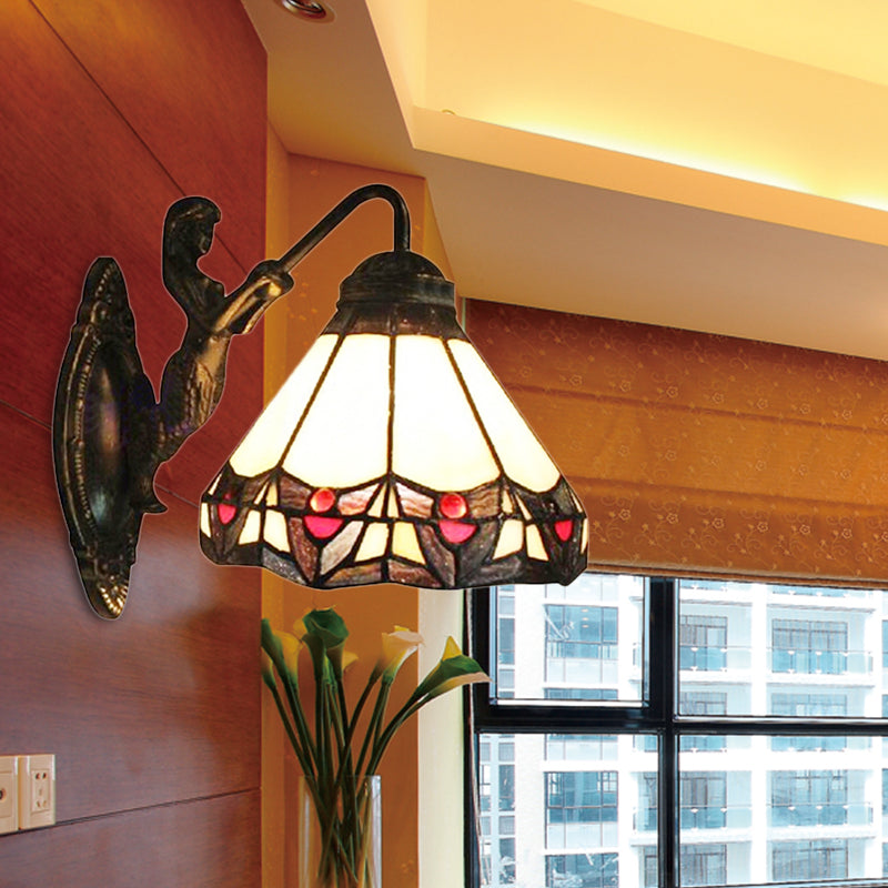 BowLift | Beige Glass Cone Wall Mounted Light Tiffany 1 Head Antique Bronze Wall Lamp for Hallway