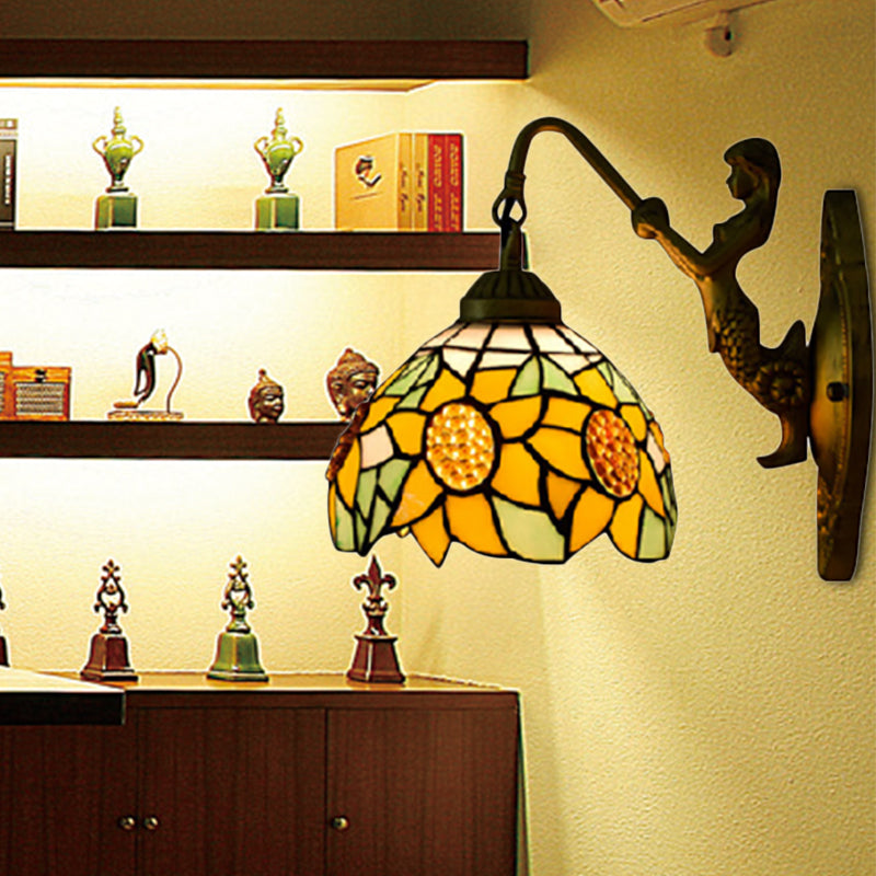 BowLift | Sunflower Yellow Glass Wall Lamp Tiffany 1 Head Bronze Wall Mounted Light with Mermaid Decoration