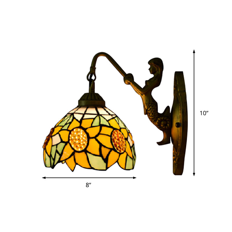 BowLift | Sunflower Yellow Glass Wall Lamp Tiffany 1 Head Bronze Wall Mounted Light with Mermaid Decoration