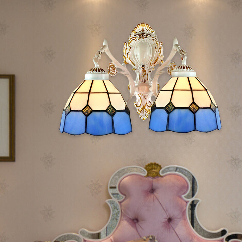BowLift | 2 Lights Dome Shade Wall Lighting Lodge Manufactured Glass Wall Fixture Light in Blue for Corridor