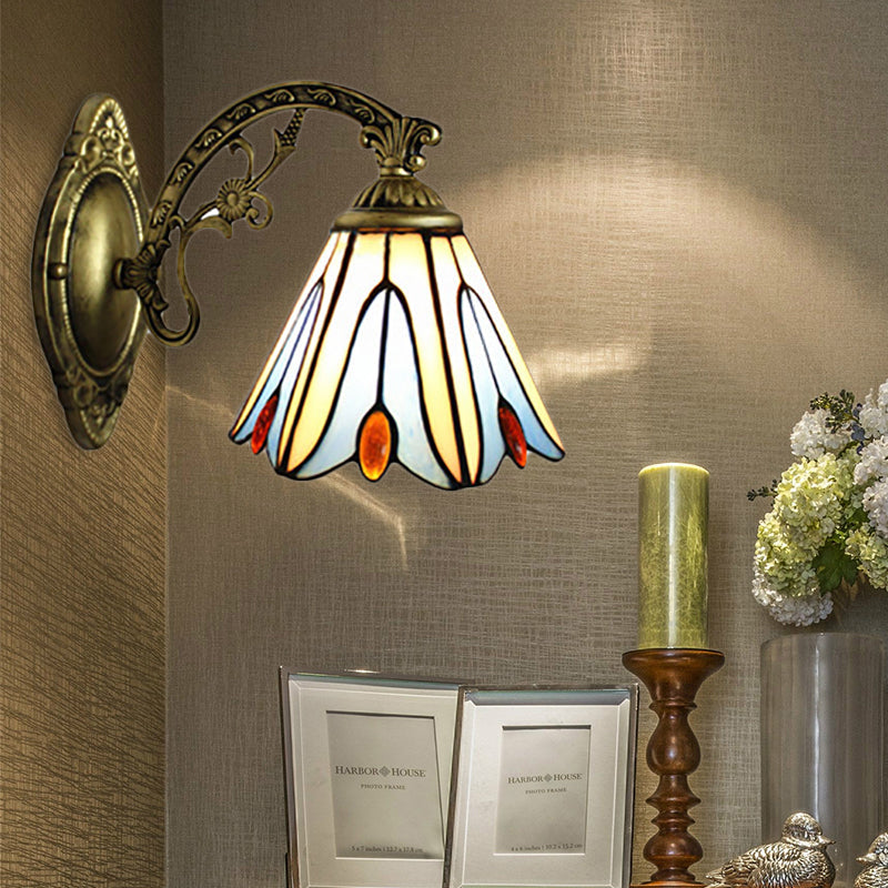 BowLift | Vintage Bell Shade Wall Light Stained Glass 1 Light Wall Sconce in Blue for Bedroom Lighting