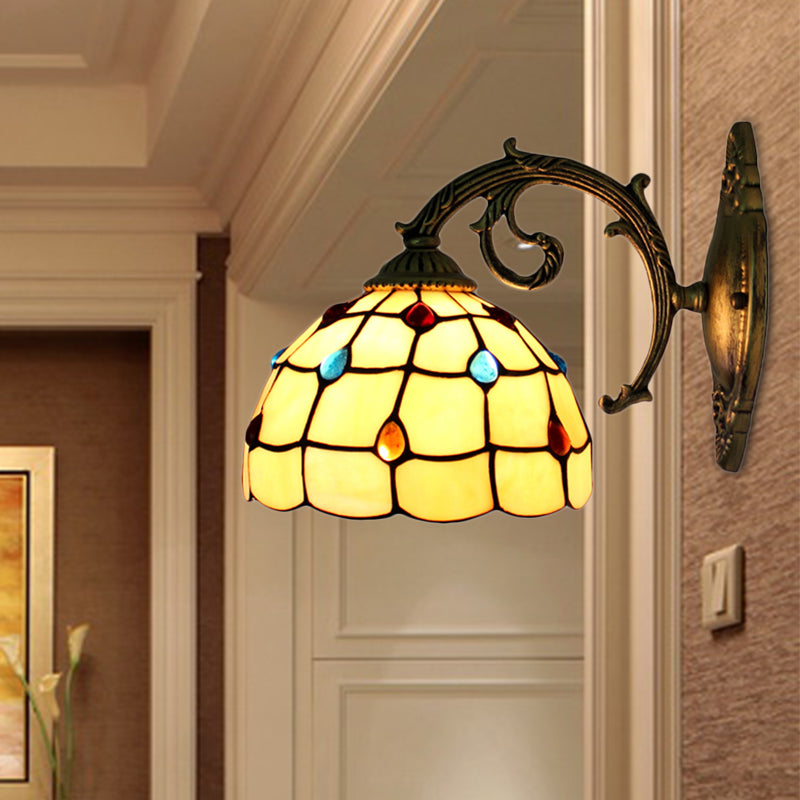 BowLift | Vintage Bowl Wall Light Beugelglas 1 Light Wall Lamp Fixture with Jewel Pattern in Beige