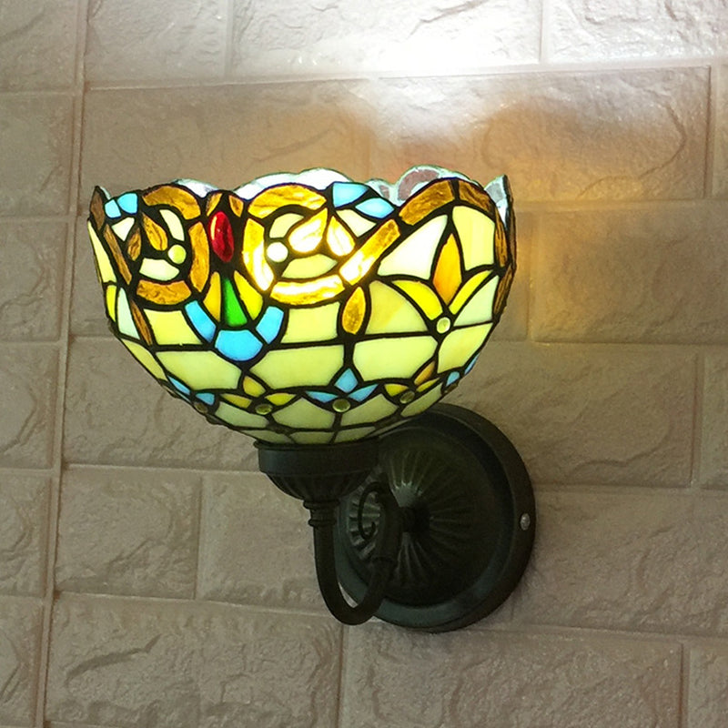 BowLift | Baroque Wall Lamp 1 Head Yellow/Blue Glass Wall Mounted Light with Flower Pattern