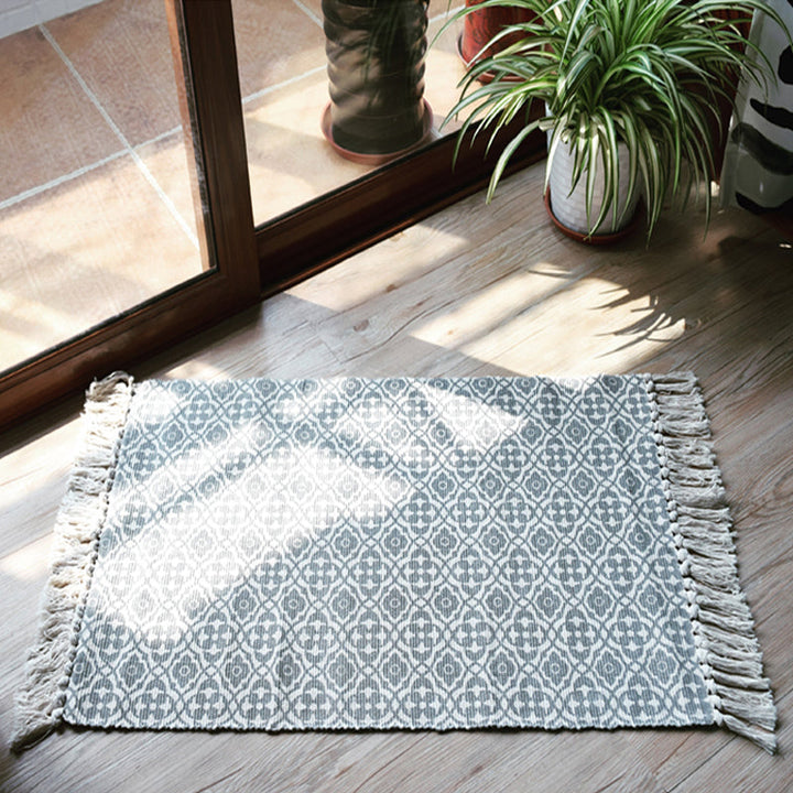Moroccan tribal floral patterned rug blue and gray cotton rug non-slip pet-friendly washable rug for the living room | Bowlift