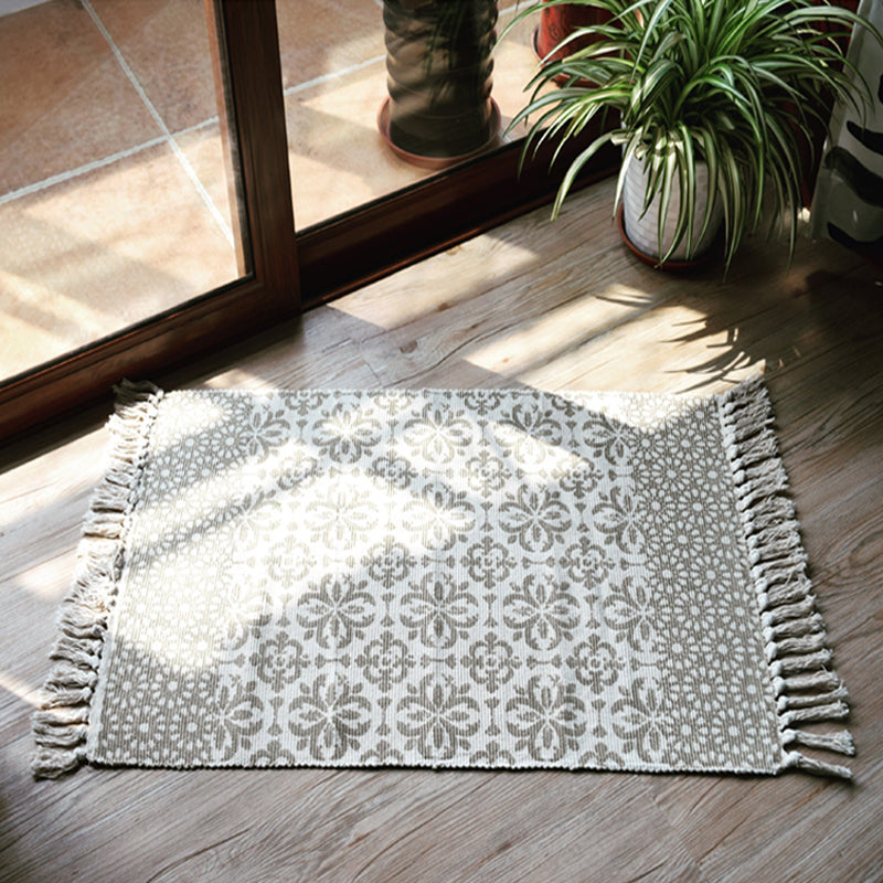Moroccan tribal floral patterned rug blue and gray cotton rug non-slip pet-friendly washable rug for the living room | Bowlift