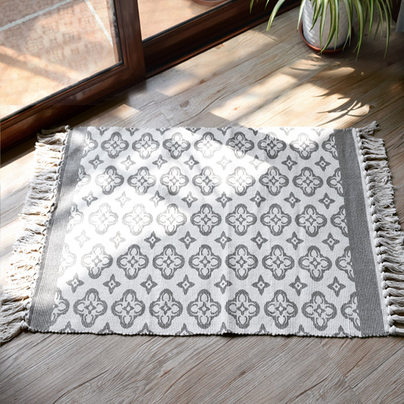 Moroccan tribal floral patterned rug blue and gray cotton rug non-slip pet-friendly washable rug for the living room | Bowlift