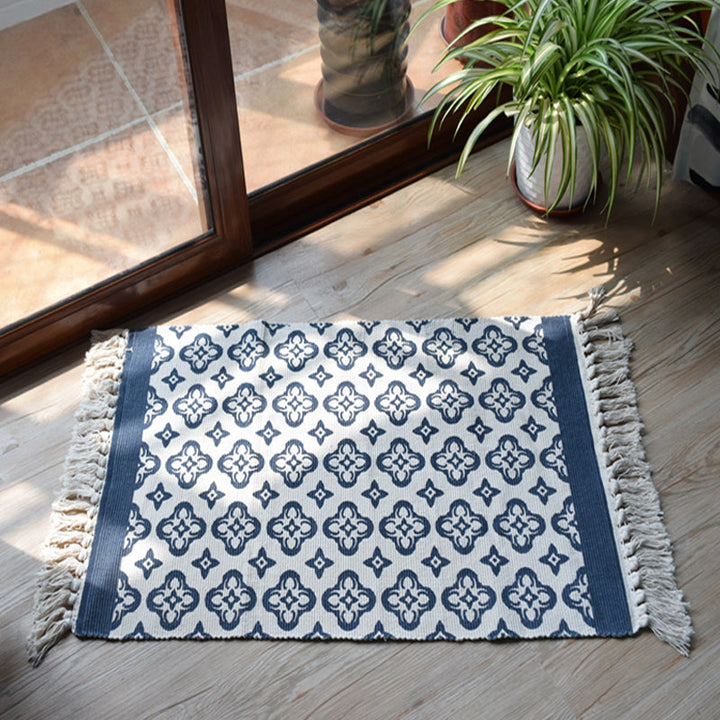 Moroccan tribal floral patterned rug blue and gray cotton rug non-slip pet-friendly washable rug for the living room | Bowlift