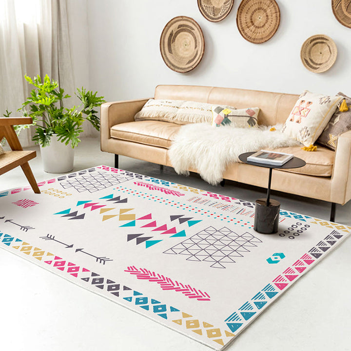 BowLift | Southwest living rug white tribal geometric patterns rug polyester washable non-slip pet-friendly rug