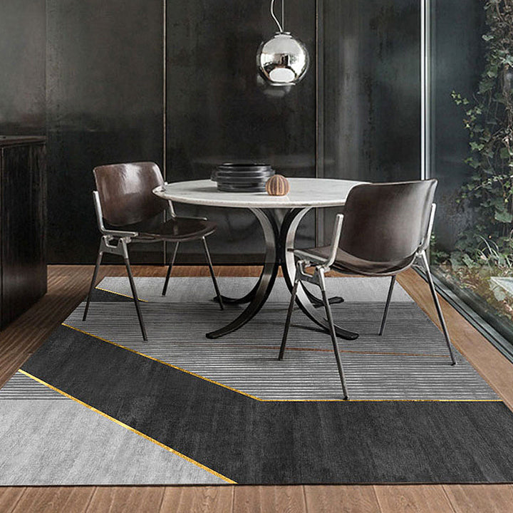Black geometric patterned rug with stripes, modern area rug made of polyester, washable, non-slip backing rug for the study | Bowlift