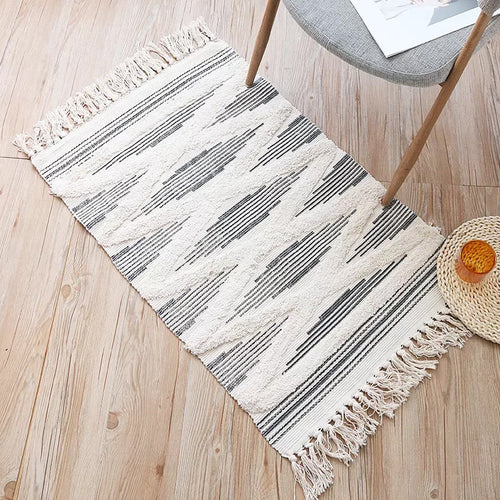 BowLift | Yellow and gray bedroom carpet southwestern striped pattern carpet cotton non-slip backing washable area rug