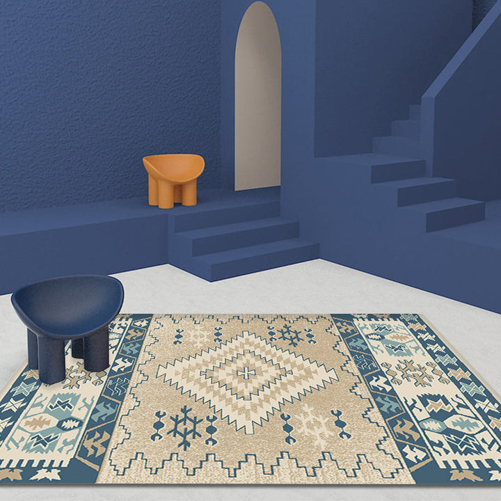 BowLift | Brown and Blue Bohemian Rug Synthetic Tribal Diamond Pattern Rug Pet-Friendly Washable Non-Slip Rug for Decoration