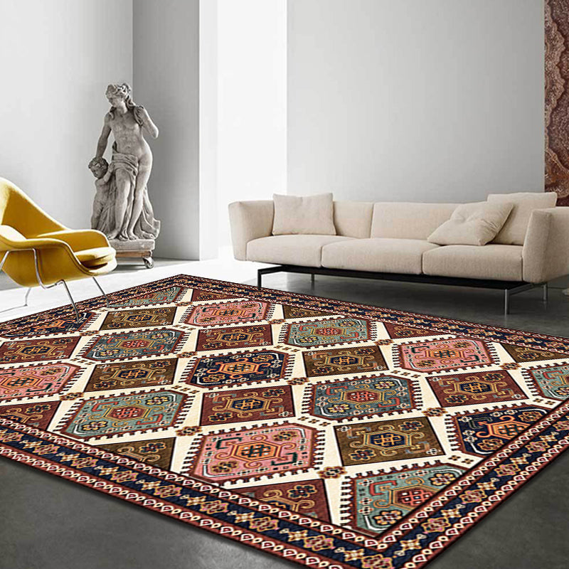 Moroccan Living Room Rug Brown Tribal Geometric Pattern Rug Polyester Washable Non-Slip Pet-Friendly Rug | Bowlift
