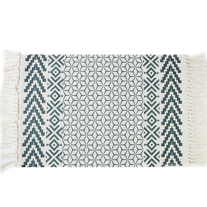 BowLift | White and blue bedroom rug southwest tribal pattern rug cotton non-slip back washable area rug