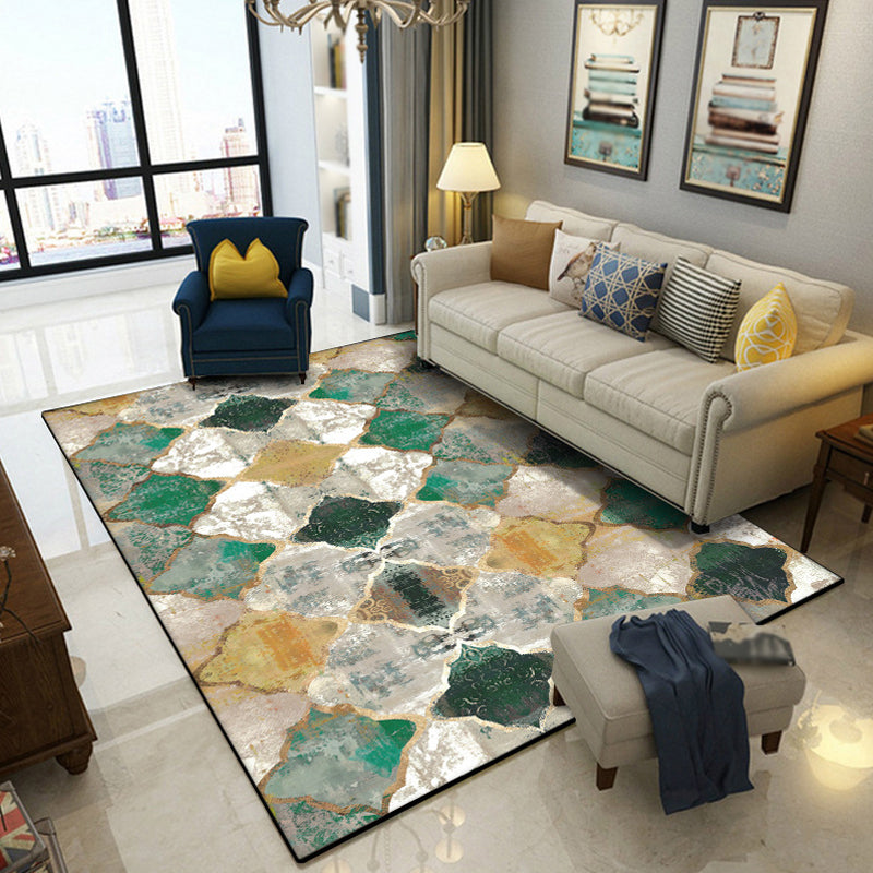 Green Salon Carpet Moroccan Albany Geometric Ogee Pattern Carpet Polyester Machine Washable Non-Slip Carpet | Bowlift