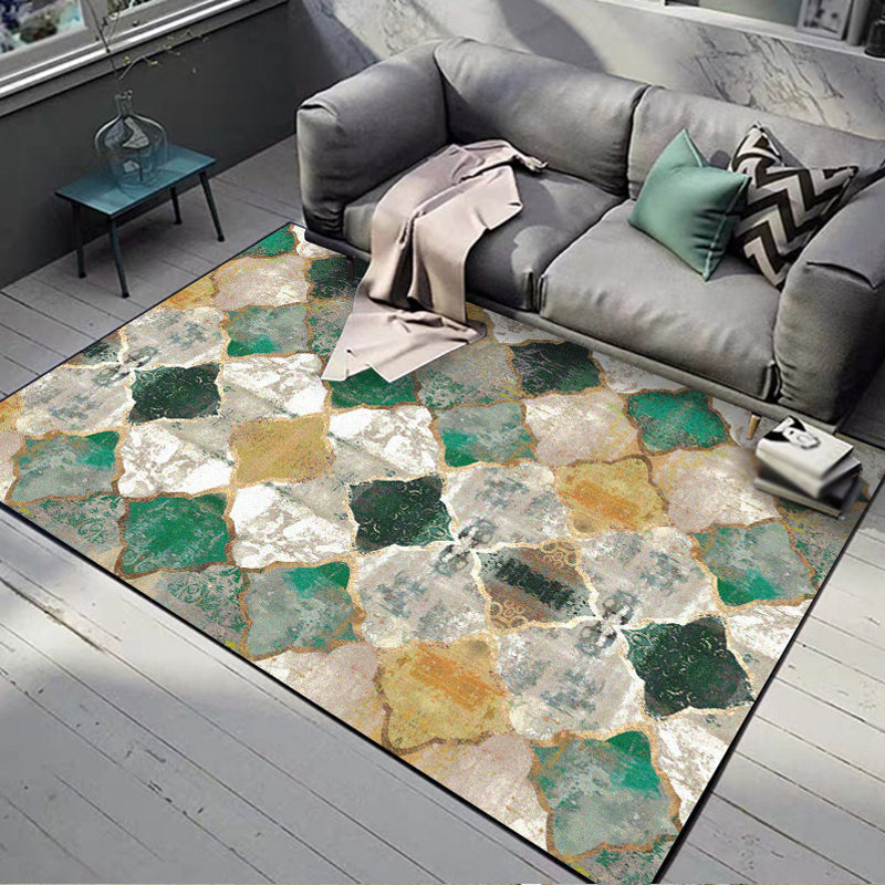 Green Salon Carpet Moroccan Albany Geometric Ogee Pattern Carpet Polyester Machine Washable Non-Slip Carpet | Bowlift