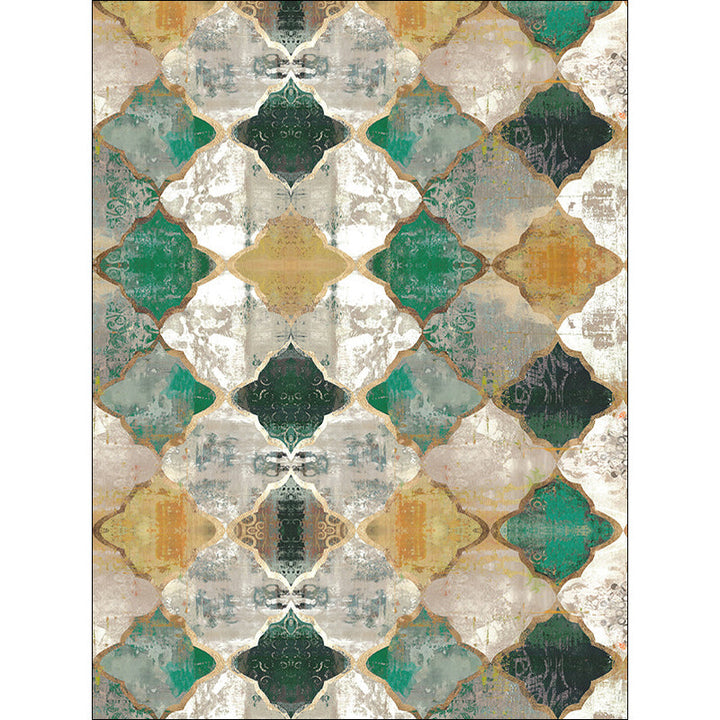 Green Salon Carpet Moroccan Albany Geometric Ogee Pattern Carpet Polyester Machine Washable Non-Slip Carpet | Bowlift
