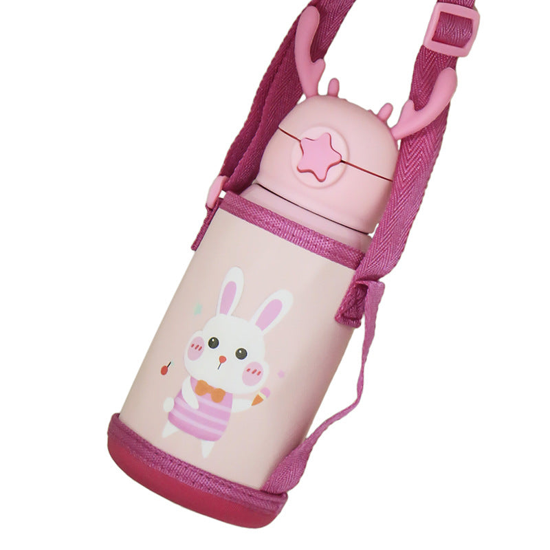 Women's Insulated Water Bottle with Cute Rabbit Design and Practical Carry Strap Bowlift
