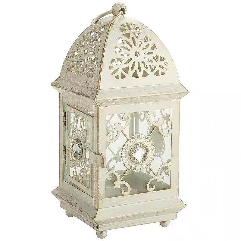 Antique-Style Decorative Metal Glass Candle Lantern with Filigree Cutouts and Hanging Ring Bowlift