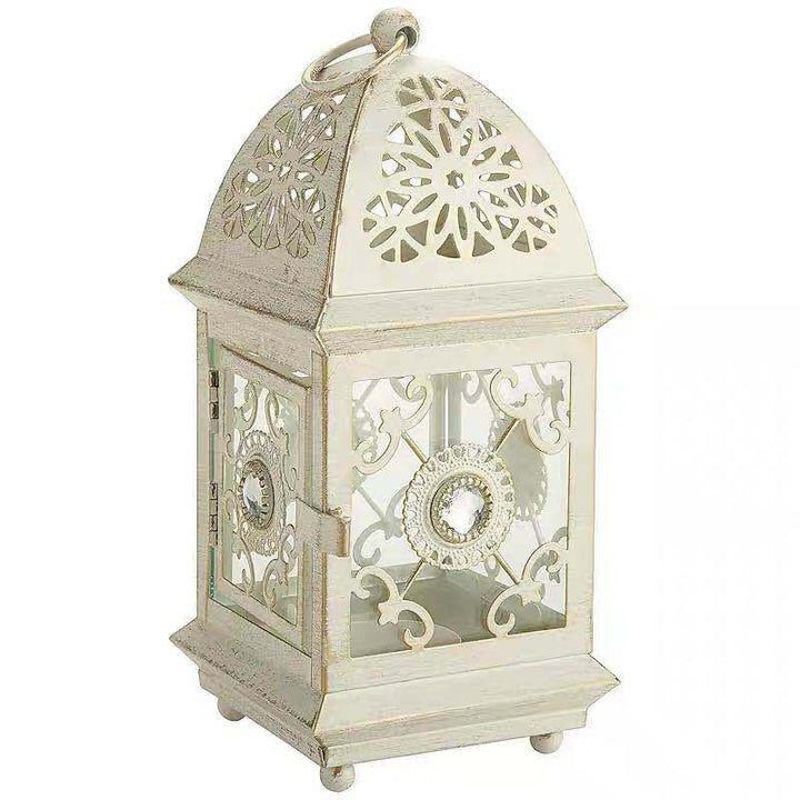 Antique-Style Decorative Metal Glass Candle Lantern with Filigree Cutouts and Hanging Ring Bowlift