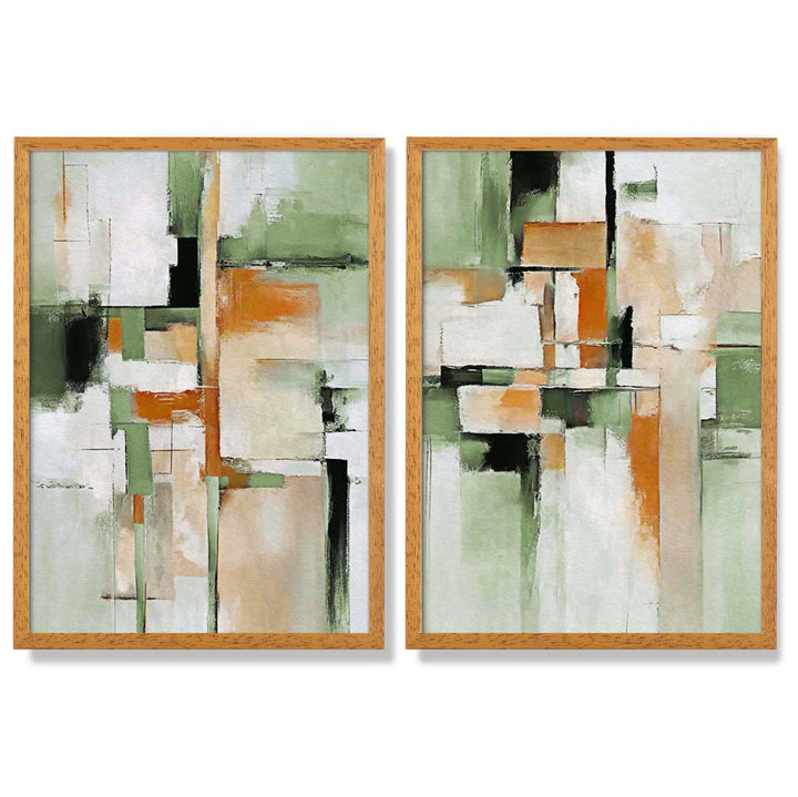 Abstract Green and Orange Set of 2 Framed Art Prints | Bowlift
