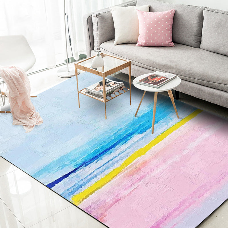 BowLift | Modernist Salon Rug Blue and Pink Abstract Rug Polyester Washable Non-slip Pet Friendly Area Rug