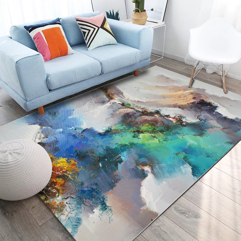 BowLift | Multi colored living room rug Modern watercolor pattern rug Polyester machine washable non-slip back carpet