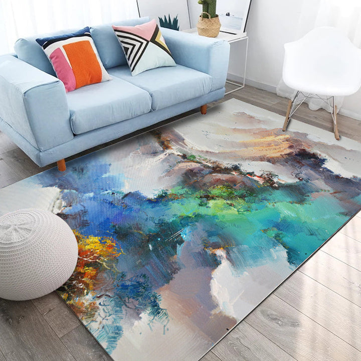BowLift | Multi colored living room rug Modern watercolor pattern rug Polyester machine washable non-slip back carpet