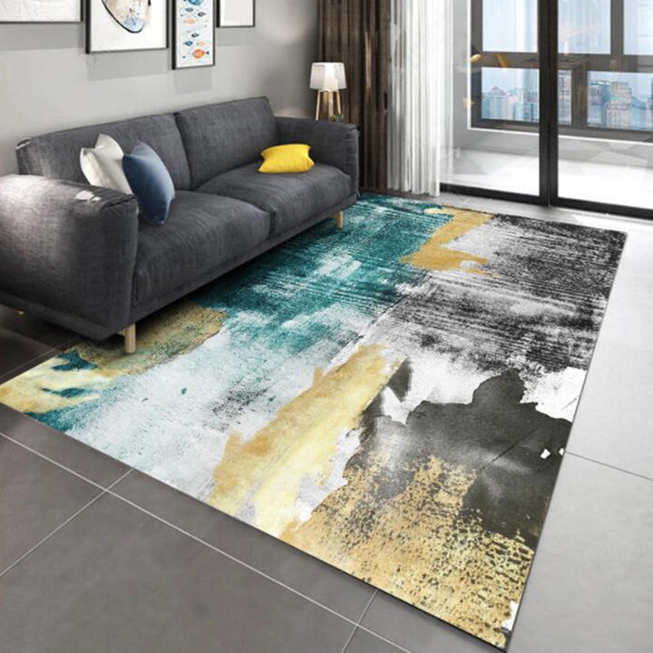 BowLift | Multi colored living room rug Modern watercolor pattern rug Polyester machine washable non-slip back carpet