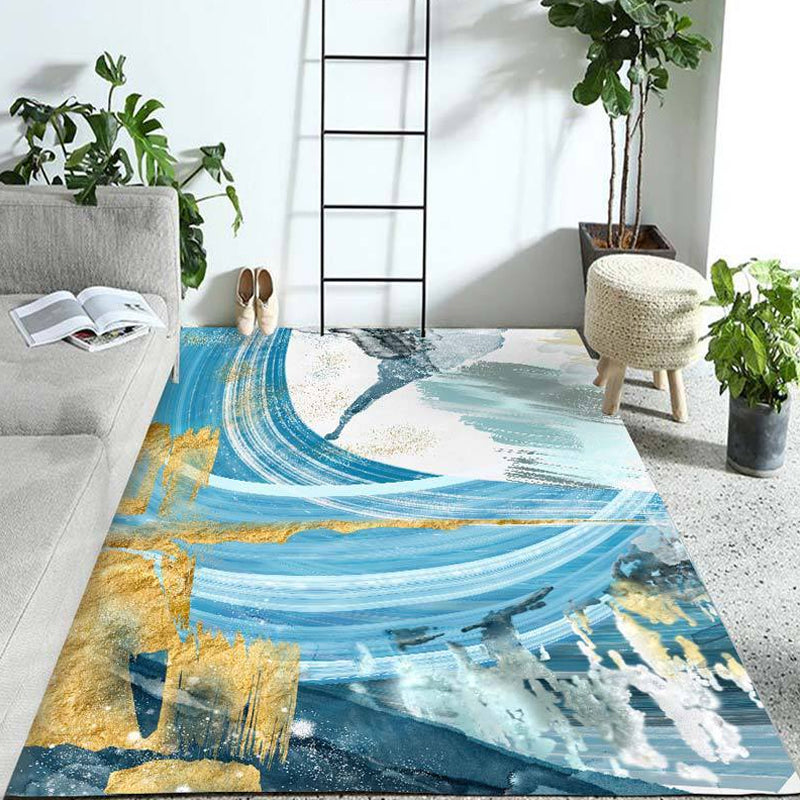 BowLift | Modern Living Room Rug Blue Watercolor Pattern Rug Polyester Machine Washable Non-Slip Pet-Friendly Rug