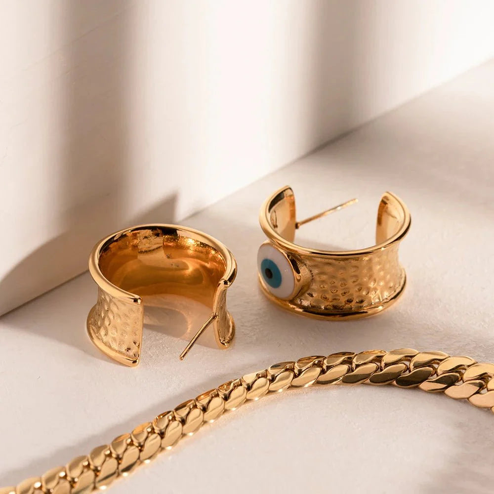 BowLift | 18k Gold Textured Evil Eye Hoop Earrings