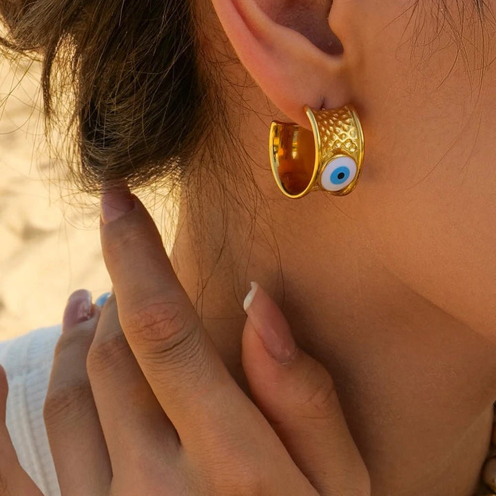 BowLift | 18k Gold Textured Evil Eye Hoop Earrings